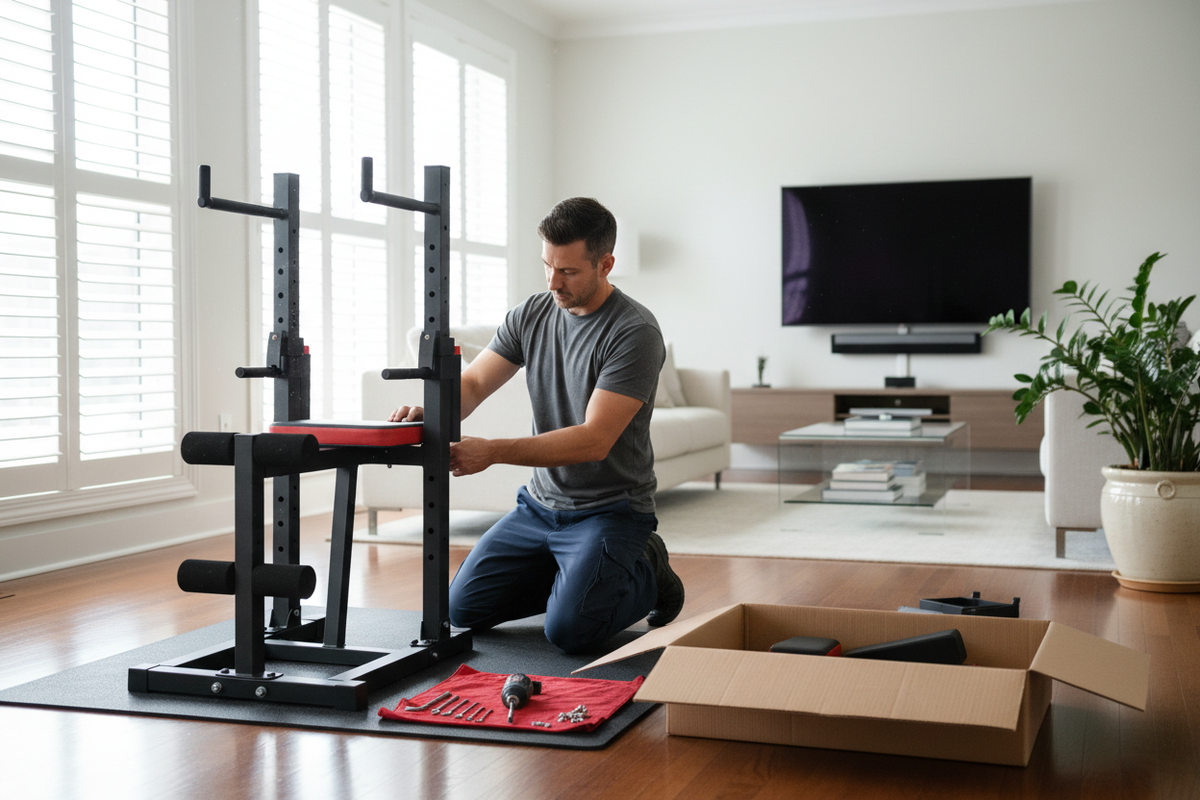 Man assembling a power tower system in a home setting. 
