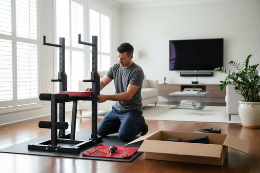 Man assembling a power tower system in a home setting. 