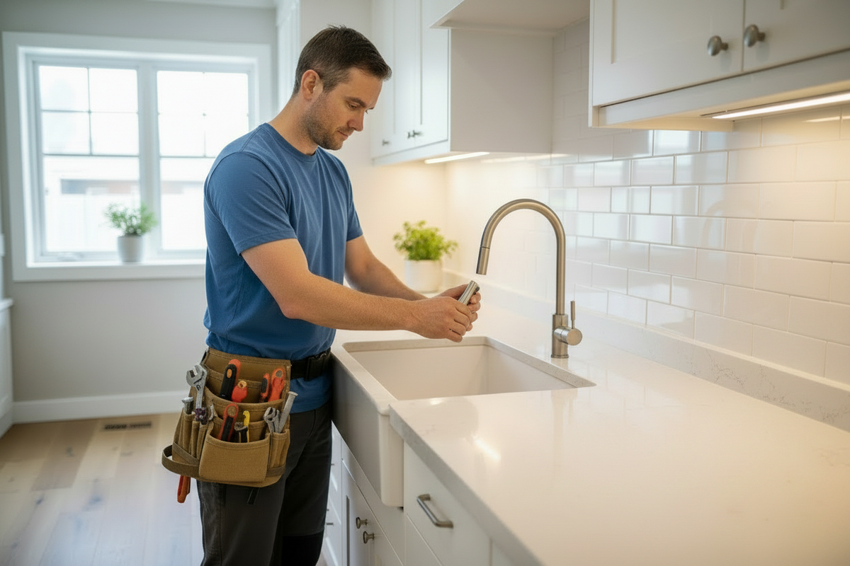 Man in a blue shirt with tool belt working on a kitchen faucet